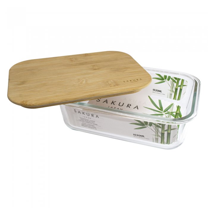 Contenedor de Vidrio Rectangular c/Tapa Bamboo 1,520ml - Sakura