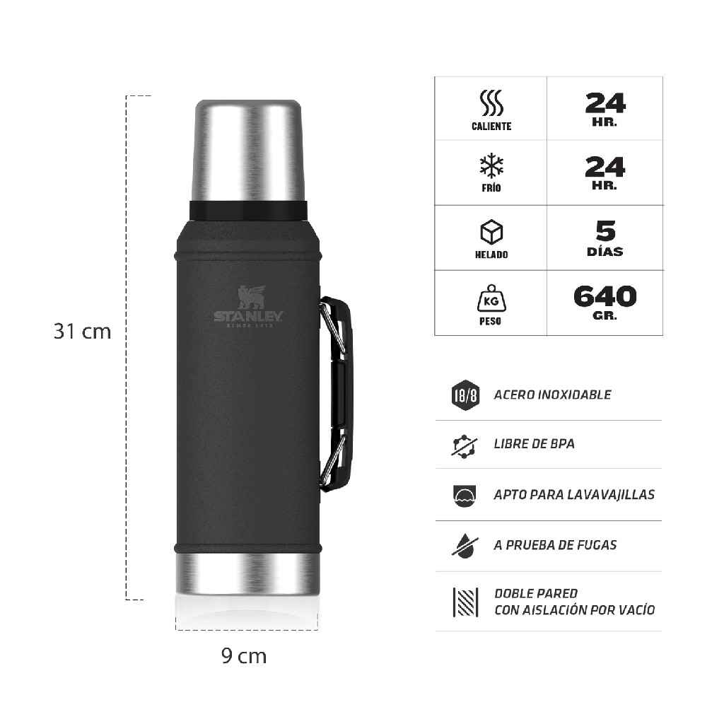 Termo Clássic 950 ml c/ Manija y Tapón Cebador - Stanley